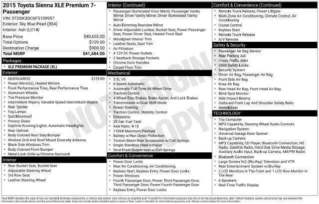 2015 Toyota Sienna 5dr 7-Pass Van XLE AWD (Natl)